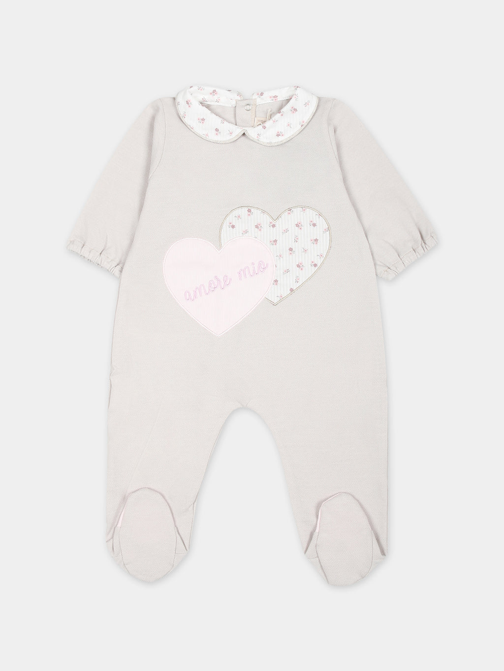Beige babygrow for baby girl with hearts and writing